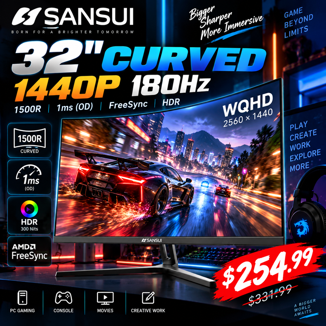 SANSUI 32-Inch Curved Gaming Monitor: 1440p 180Hz Gaming on a Bigger Screen