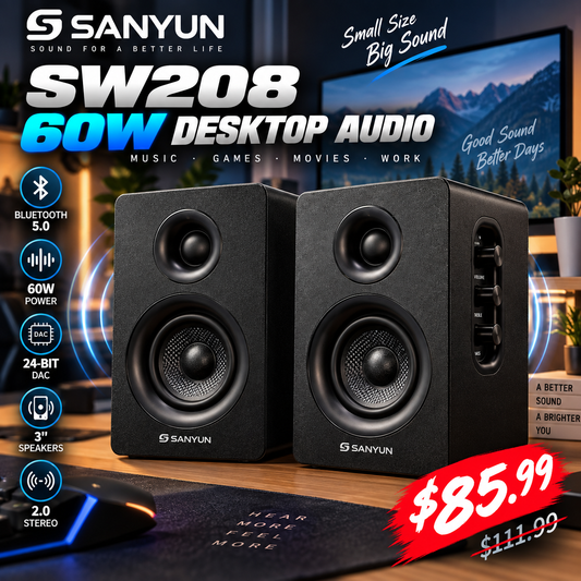 Sanyun SW208 Bluetooth Bookshelf Speakers: Compact 60W Speakers for Your Desk
