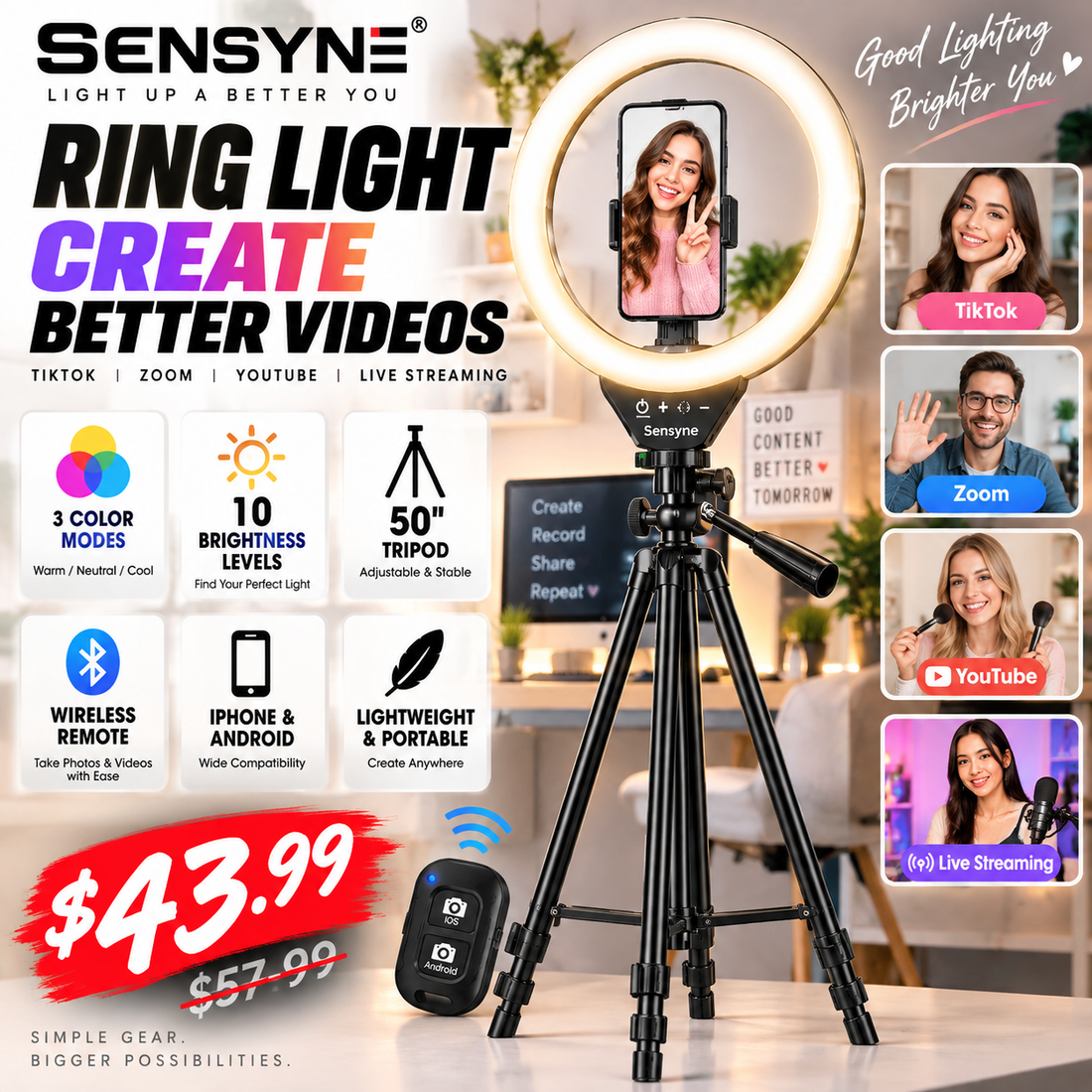 Sensyne Ring Light with Stand: Better Lighting for TikTok, Zoom & Video