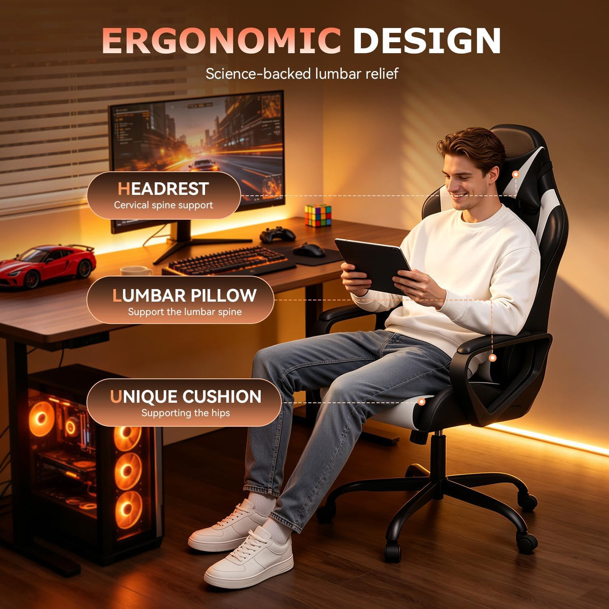 Bestoffice Ergonomic Gaming Chair for Adults, Video Game Chair, White