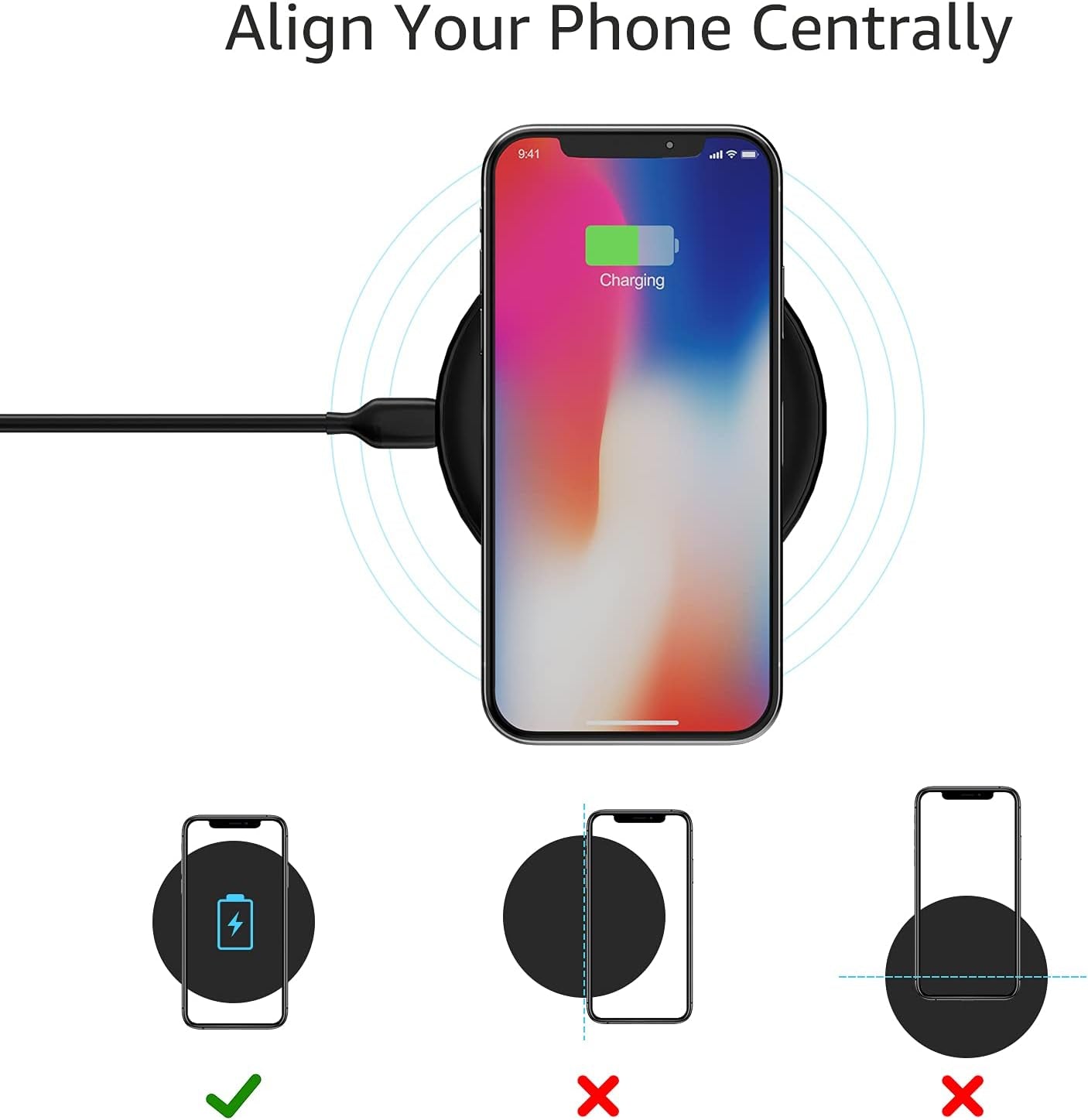 Amazon Basics Wireless Charger, 15W Qi Certified Wireless Charging Pad with USB Cable, Compatible with Iphone 15/14/13/12/11/X, Samsung & LG, Case Compatible, Black