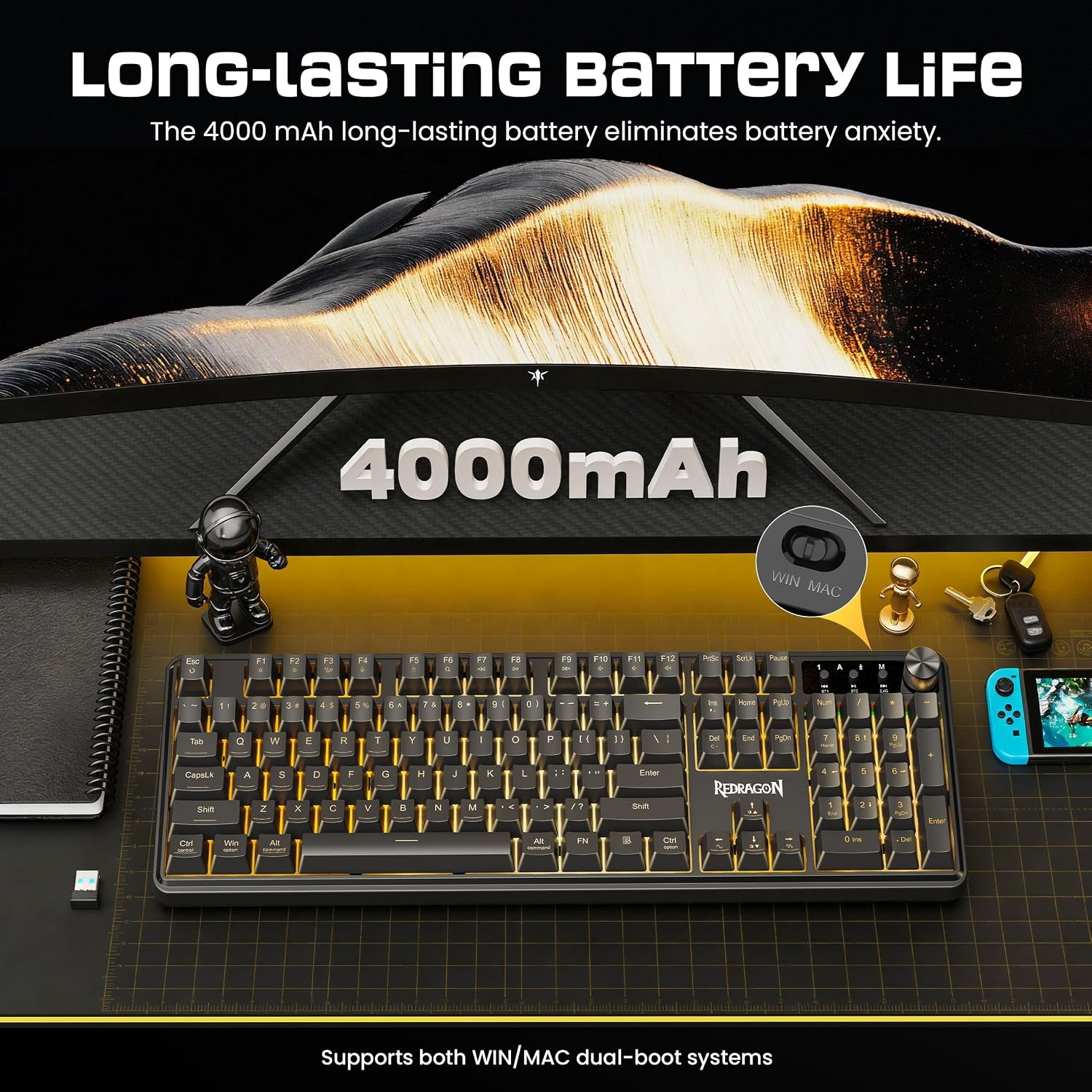 Redragon RM104 Wireless Gaming Keyboard with Knob, Tri-Mode BT/2.4G/USB-C RGB Computer Keyboards, 4000Mah Battery, Programmable Software Support, Anti-Ghosting, Compatible with PC Mac
