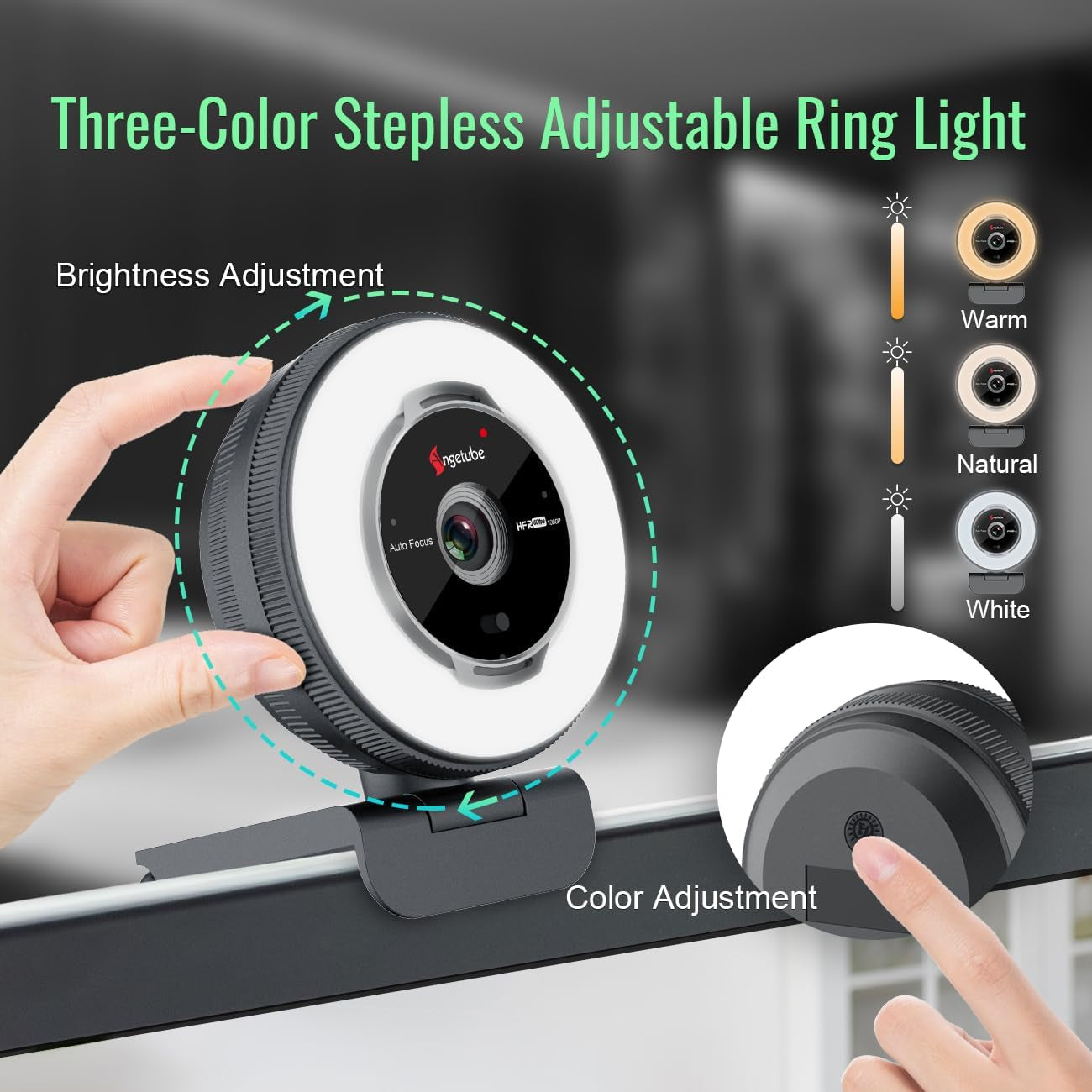 Angetube Streaming Webcam with Microphone, USB 1080P Web Cam W/Ring Light | Remote Control, 1080P@60FPS, 5X Digital Zoom, Built in Privacy Cover, HD Computer Web Camera for Desktop, PC, Laptop, Mac