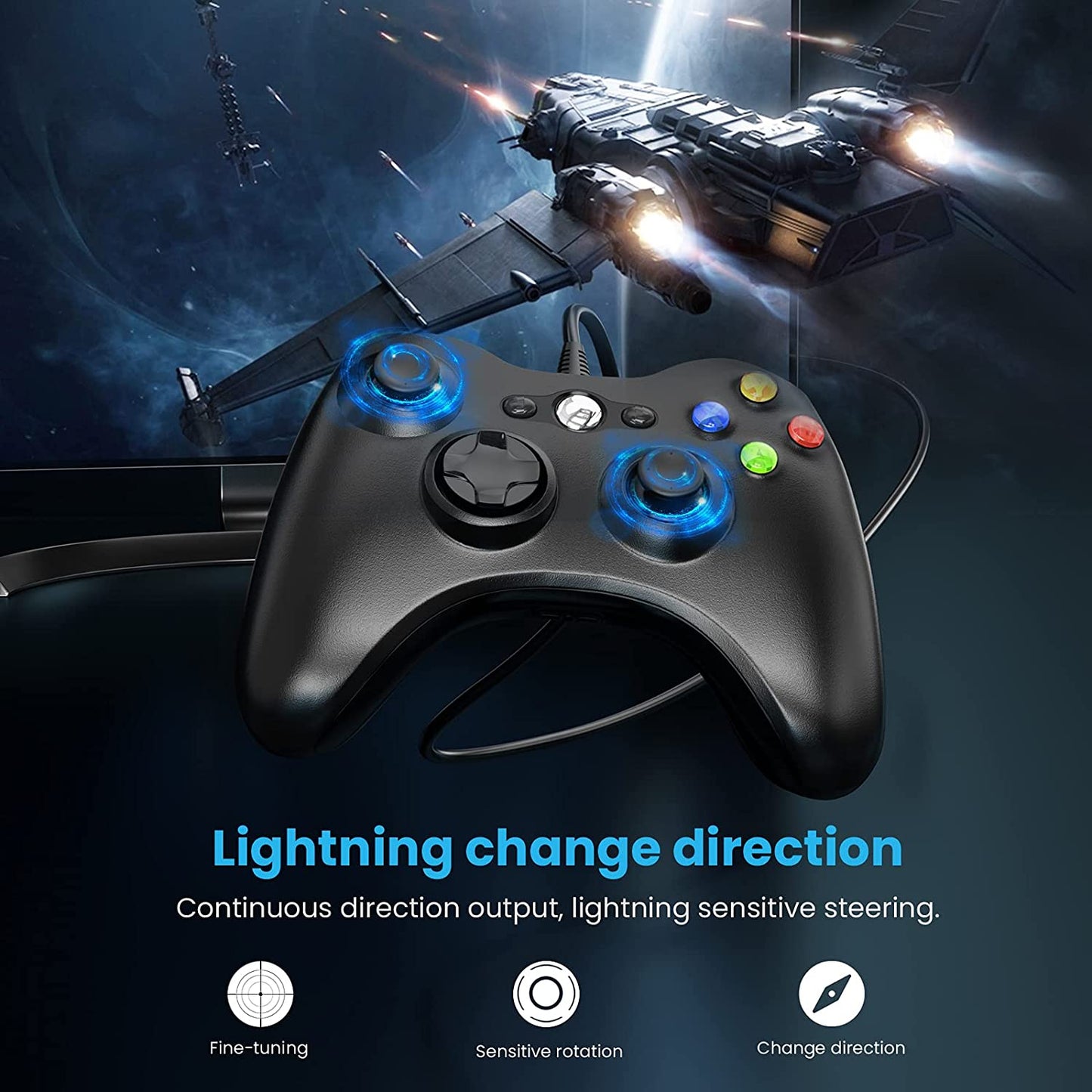 Wired Controller for Xbox 360, Game Controller for 360 with Dual-Vibration Turbo Compatible with Xbox 360/360 Slim and PC Windows 7,8,10,11