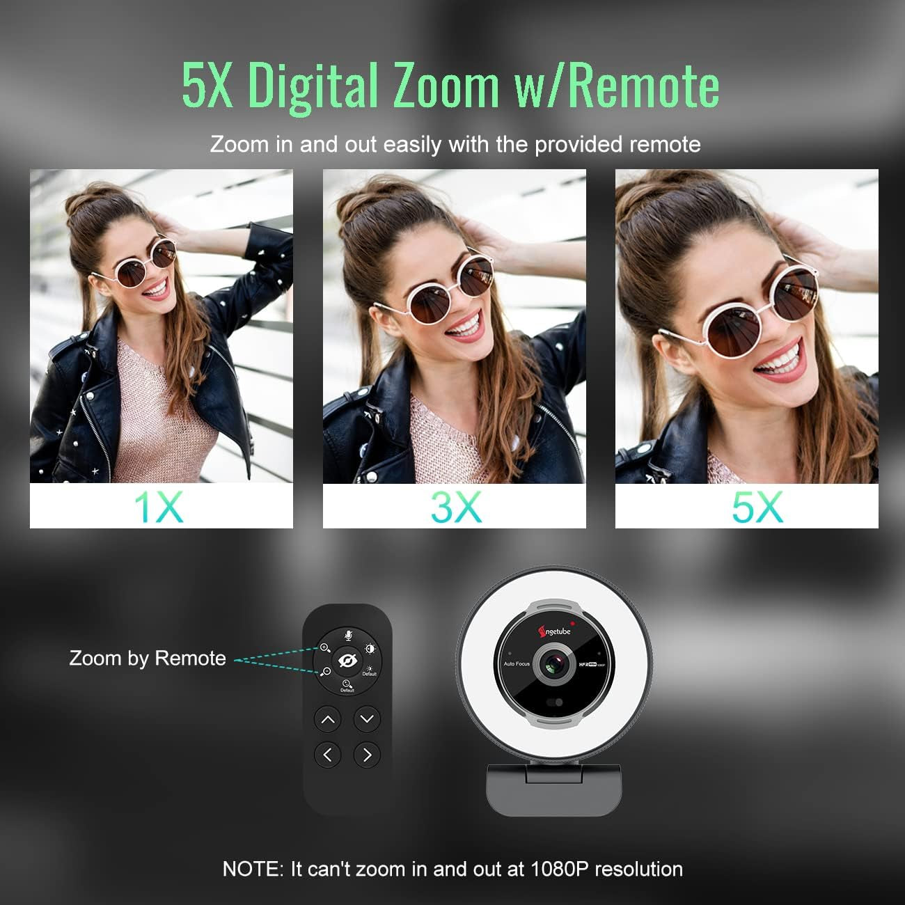 Angetube Streaming Webcam with Microphone, USB 1080P Web Cam W/Ring Light | Remote Control, 1080P@60FPS, 5X Digital Zoom, Built in Privacy Cover, HD Computer Web Camera for Desktop, PC, Laptop, Mac