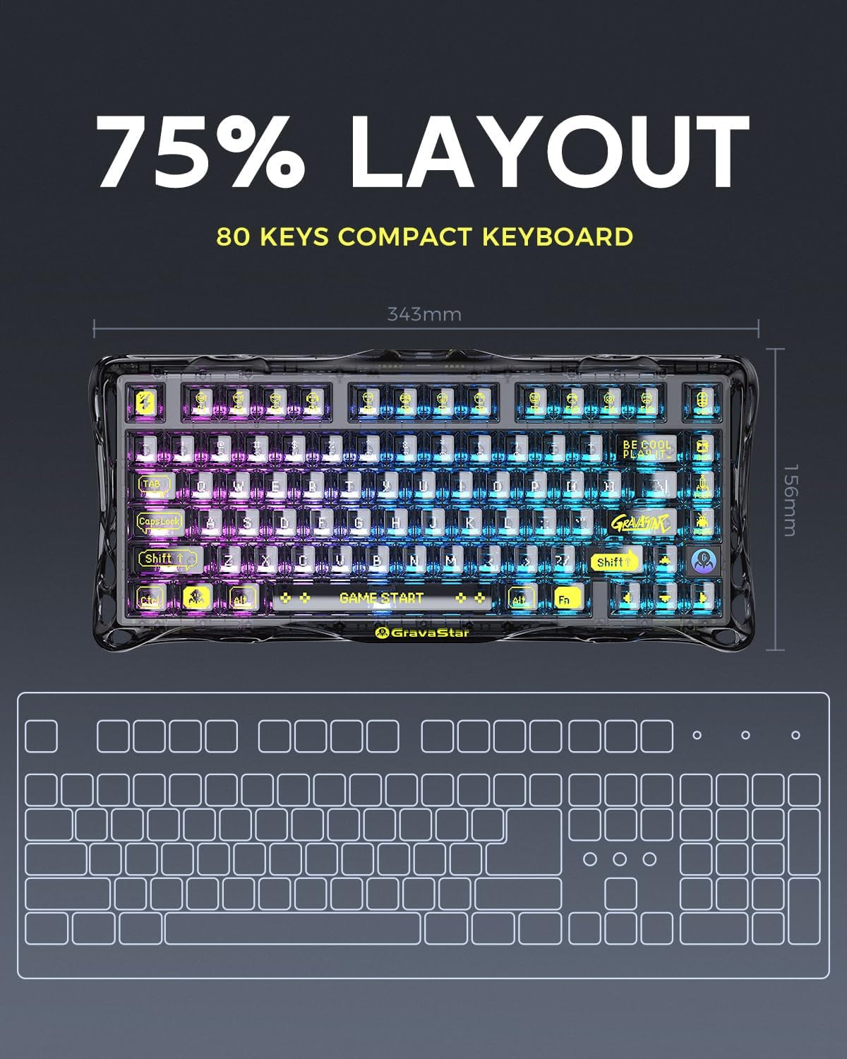 Gravastar Mercury K1 Lite 75% Gaming Keyboard, 2.4Ghz/Bt/Wired Tri-Mode Wireless Keyboard, Gasket Hot Swappable Mechanical Keyboard, Pre-Lubed Linear Switches, RGB Backlit【Transparent Black】