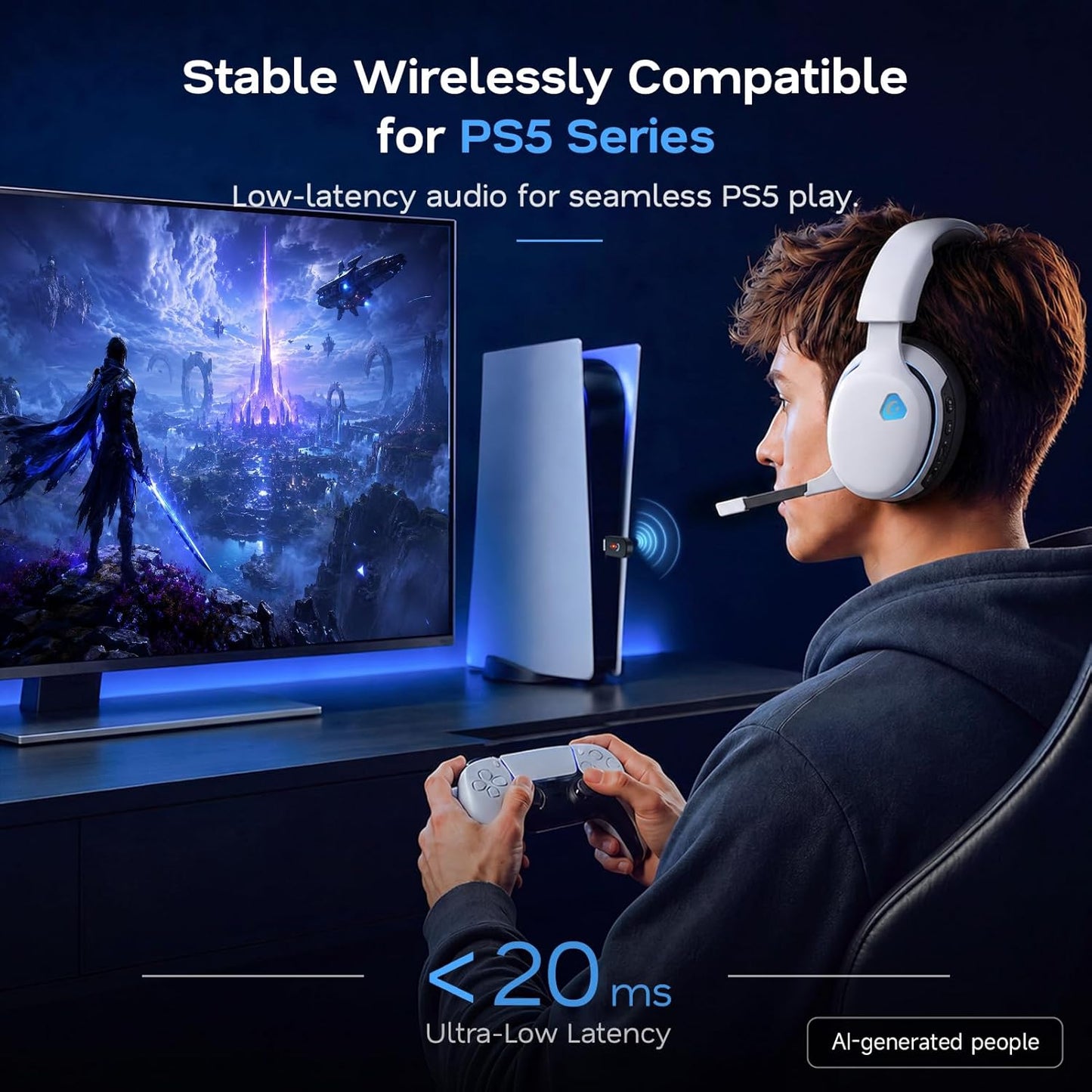 AOC 2.4Ghz Wireless Gaming Headset for PS5, PS4 Fortnite & Call of Duty/Fps Gamers, PC, Switch, Bluetooth 6.0 Gaming Headphones with Noise Canceling Mic, 7.1 Virtual Surround, 45Hr Battery -White