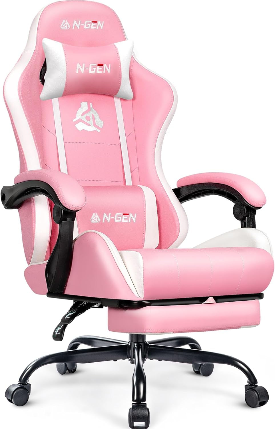 N-GEN GAMING Video Gaming Chair with Footrest Lumbar Support for Home Office High Back Recliner Height Adjustable Ergonomic Comfy Leather Computer Desk Chair (Carbon Black)