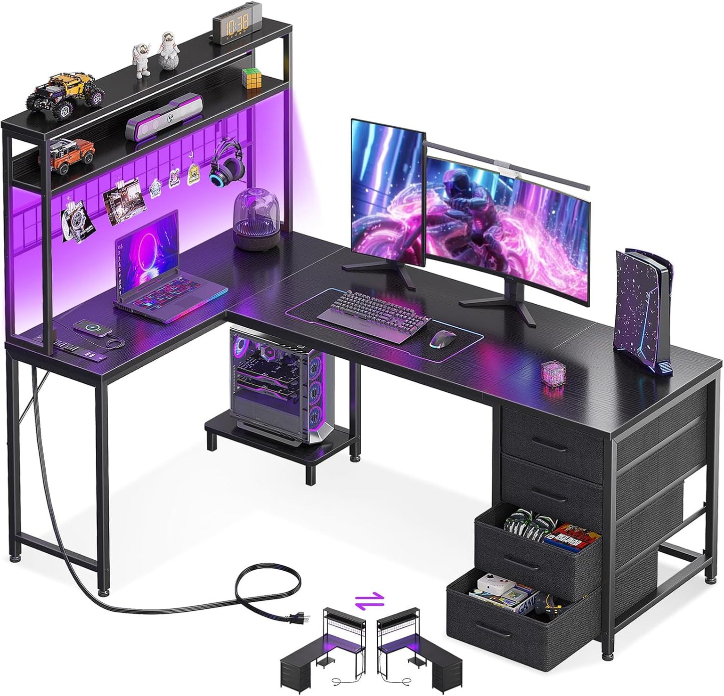 AODK L Shaped Desk Gaming Desk with LED Light & Power Outlet, 53 Inch Reversible L Shaped Computer Table with Shelf & Storage Bag & Hook for Home Office, Black