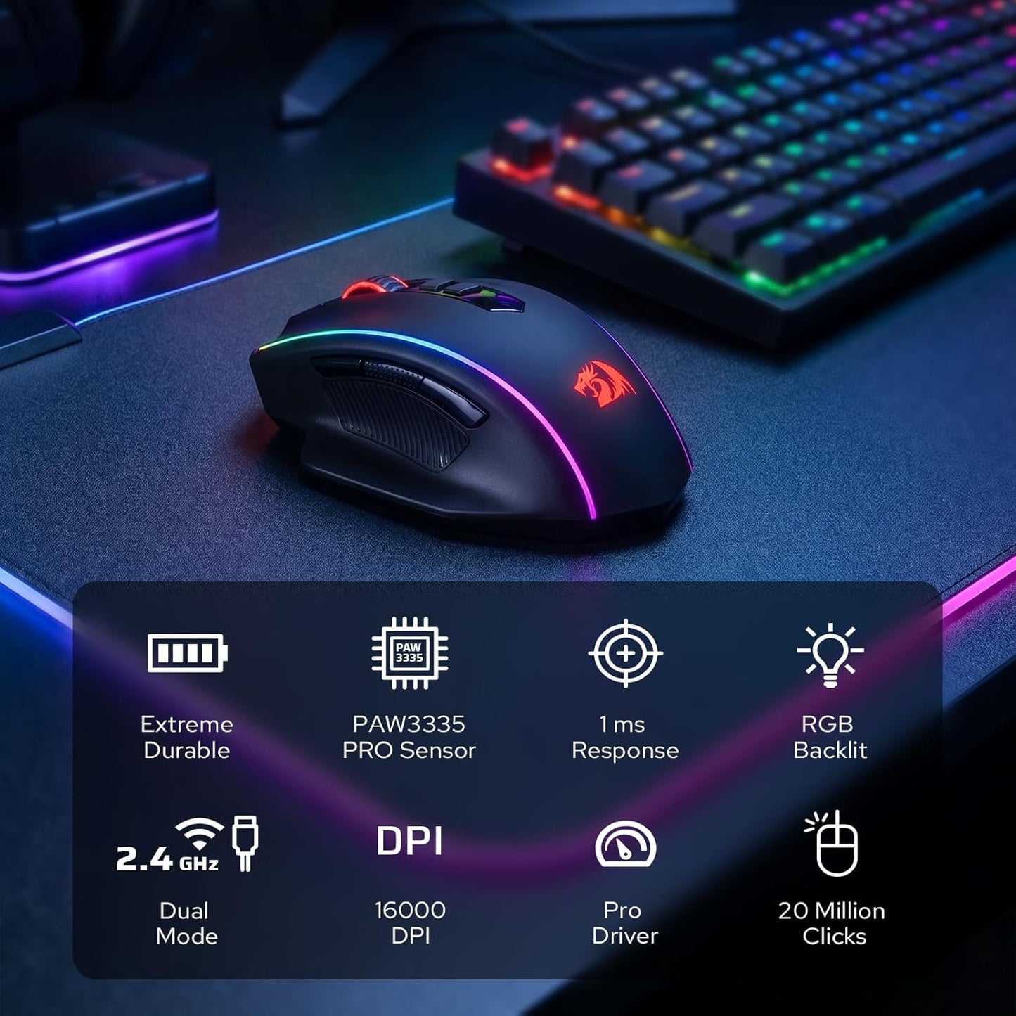 Redragon M686 Wireless Gaming Mouse, 16000 DPI Wired/Wireless Gamer Mouse with Professional Sensor, 45-Hour Reliable Power Capacity, Customizable Macro and RGB Backlight for Pc/Mac/Laptop