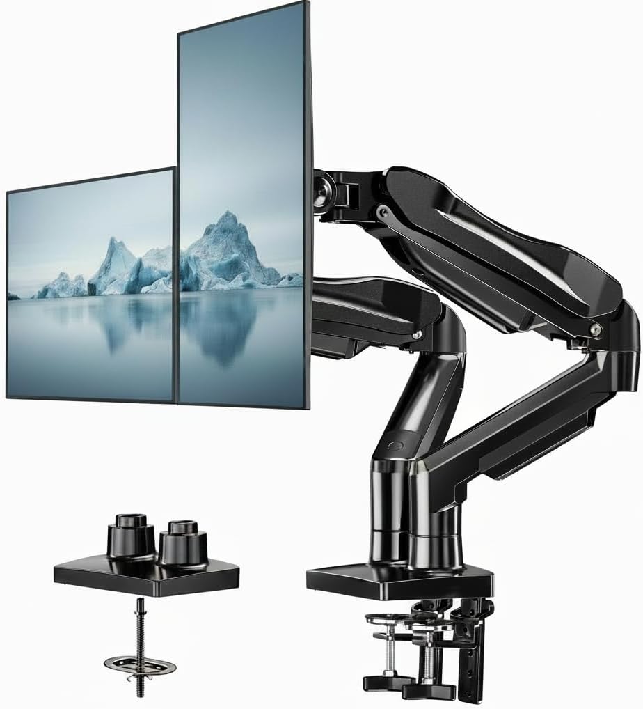 HUANUO Flowlift™ Dual Monitor Stand, Fully Adjustable Gaming Monitor Desk Mount for 13–32″ Computer Screens, Full Motion VESA 75X75/100X100 with C-Clamp & Grommet Base, Each Arm Holds 4.4 to 19.8 Lbs
