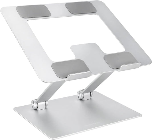 Amazon Basics Sturdy and Portable Ergonomic Laptop Stand for Desk, Height Adjustable Riser with Ventilated Cooling, Foldable, Fits All Laptops up to 15.6 Inch, Silver