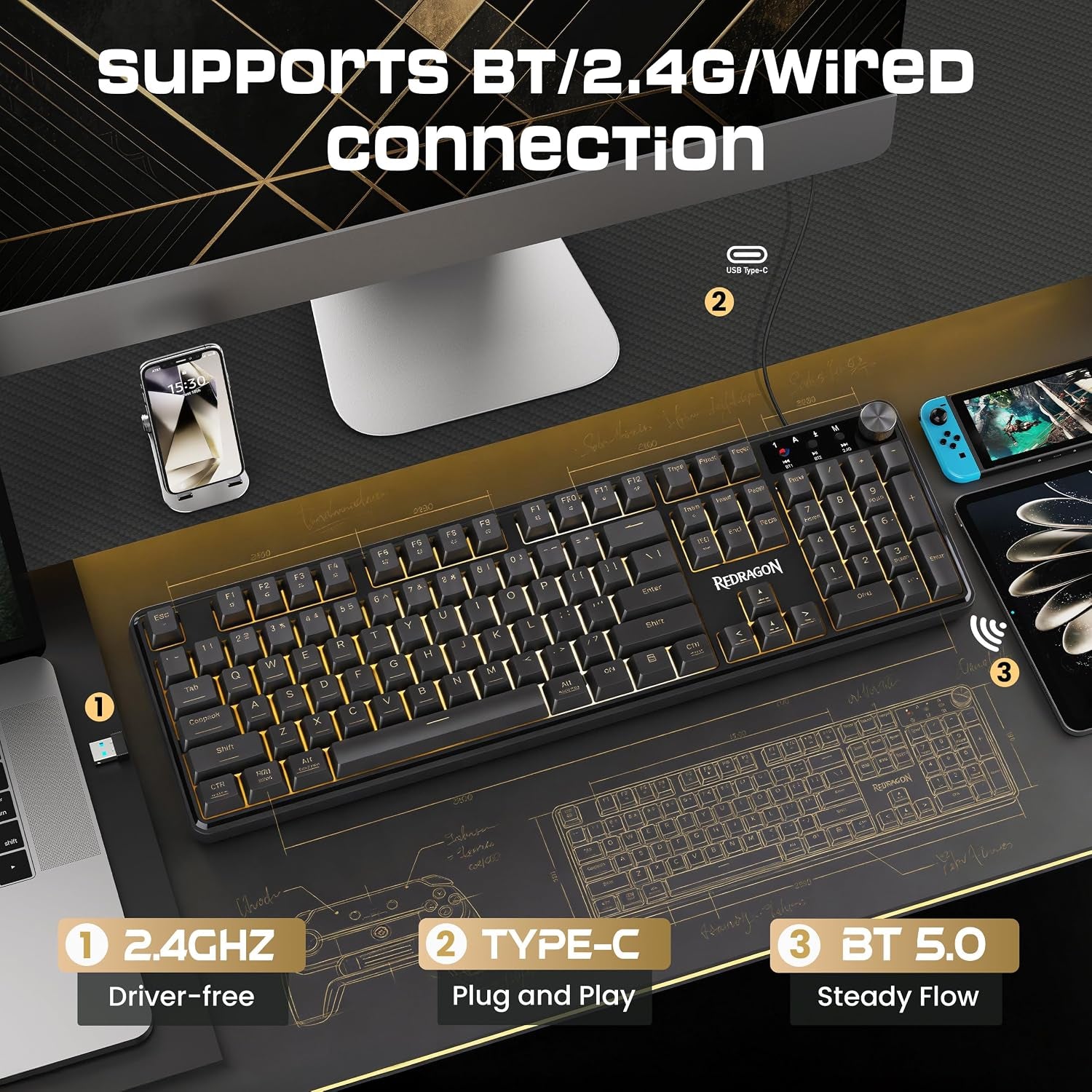 Redragon RM104 Wireless Gaming Keyboard with Knob, Tri-Mode BT/2.4G/USB-C RGB Computer Keyboards, 4000Mah Battery, Programmable Software Support, Anti-Ghosting, Compatible with PC Mac