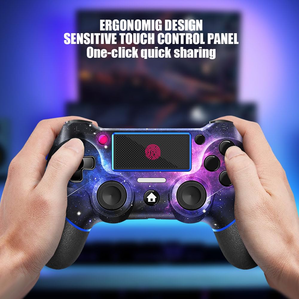 Acegamer Wireless Controller for PS4, Custom Design V2 Gamepad Joystick for PS4 with Non-Slip Grip of Both Sides and 3.5Mm Audio Jack! Thumb Caps Included! (Galaxy)