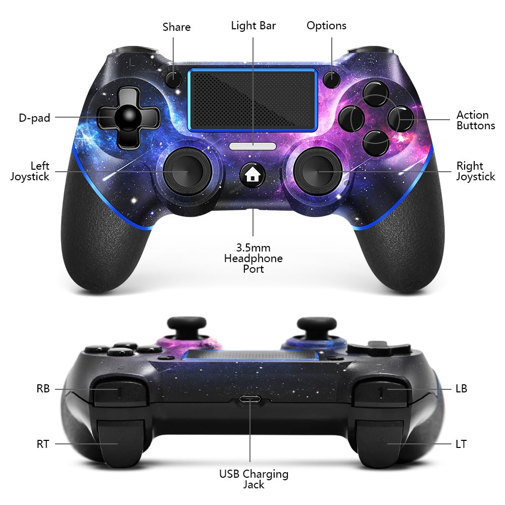 Acegamer Wireless Controller for PS4, Custom Design V2 Gamepad Joystick for PS4 with Non-Slip Grip of Both Sides and 3.5Mm Audio Jack! Thumb Caps Included! (Galaxy)