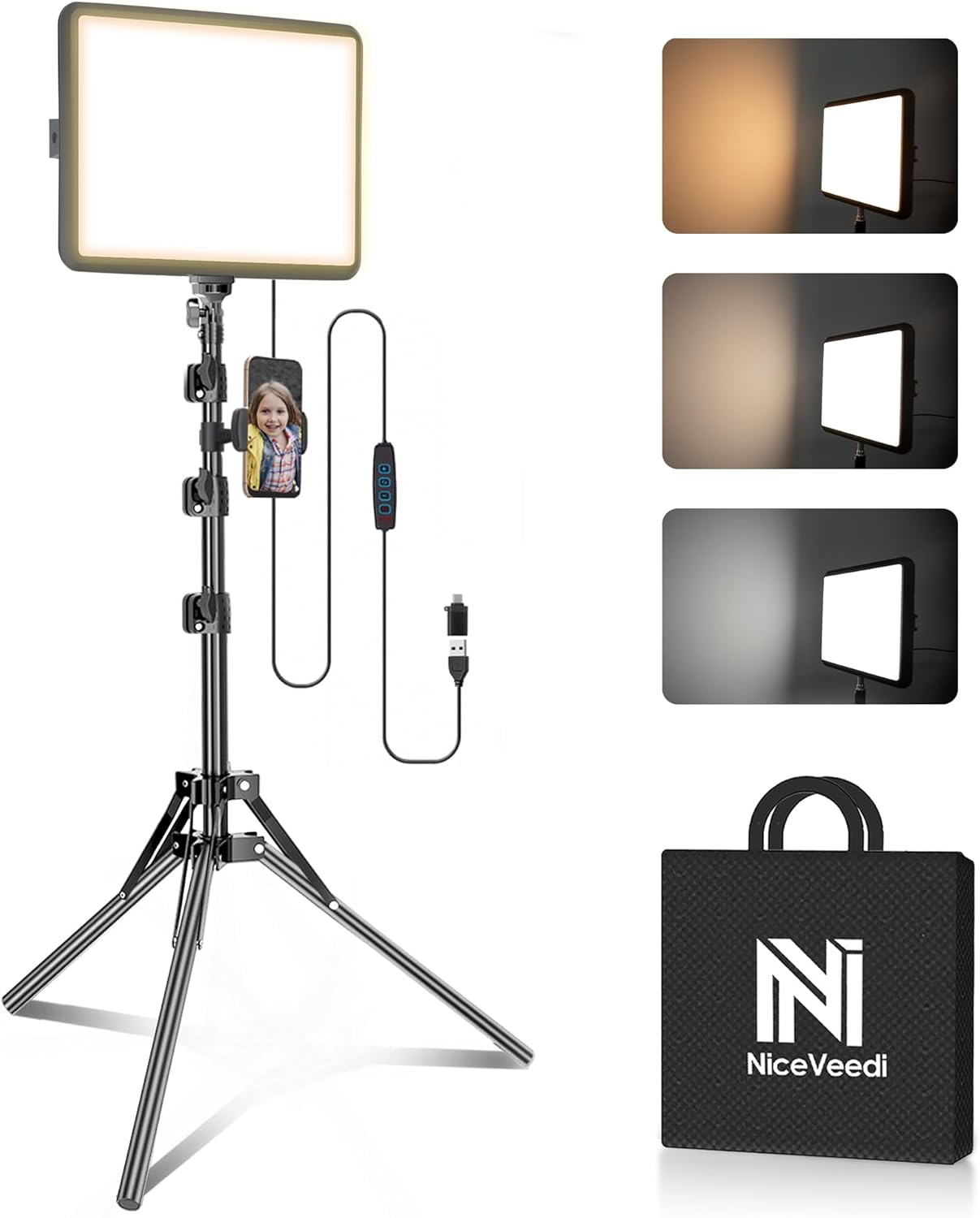 2-Pack LED Video Light Kit, Niceveedi Studio Light, 2800-6500K Dimmable Photography Lighting Kit with Tripod Stand&Phone Holder, 73" Stream Light for Video Recording, Game Streaming, Youtube