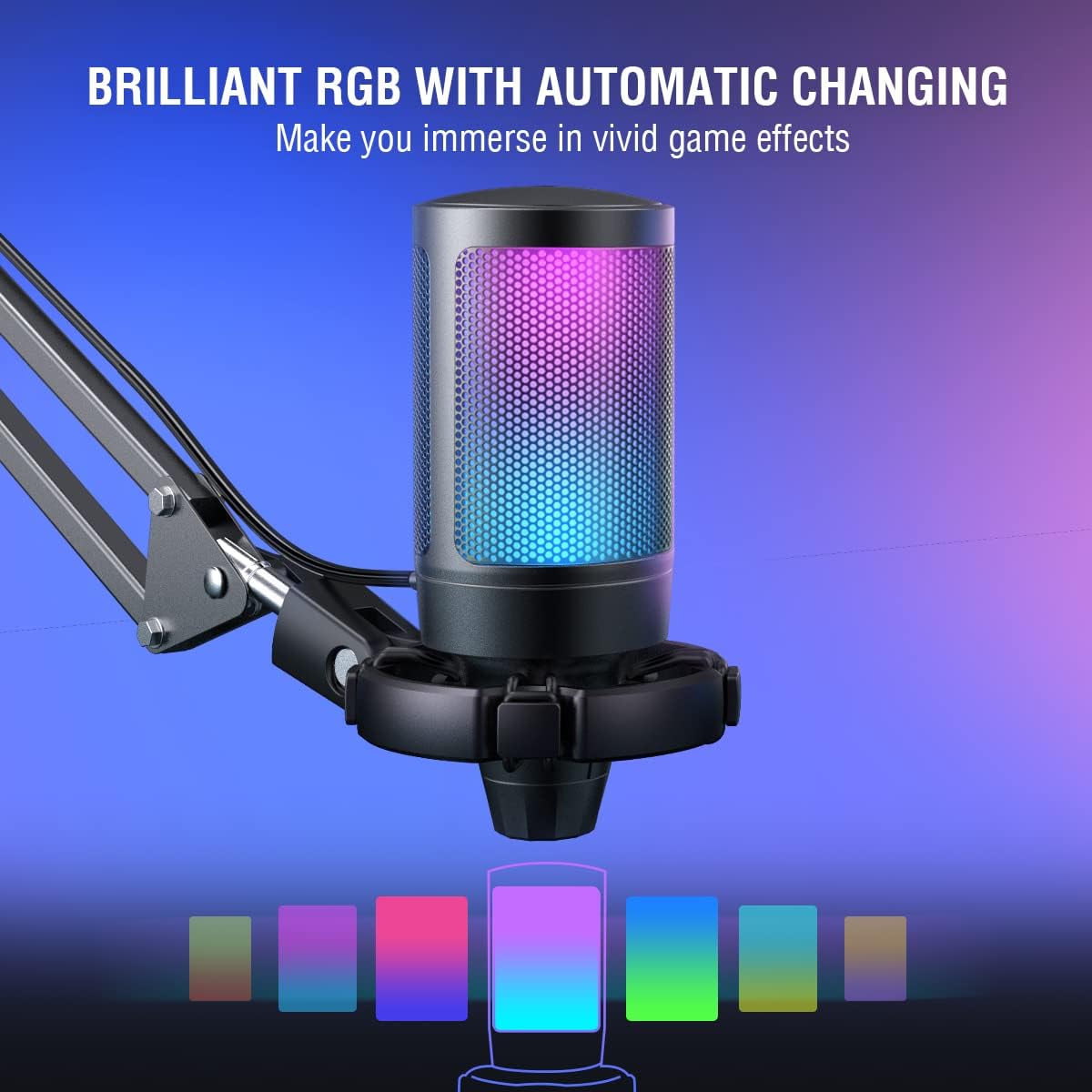 FIFINE Gaming PC USB Microphone, Podcast Condenser Mic with Boom Arm, Pop Filter, Mute Button for Streaming, Twitch, Online Chat, RGB Computer Mic for PS4/5 PC Gamer Youtuber-Ampligame A6T