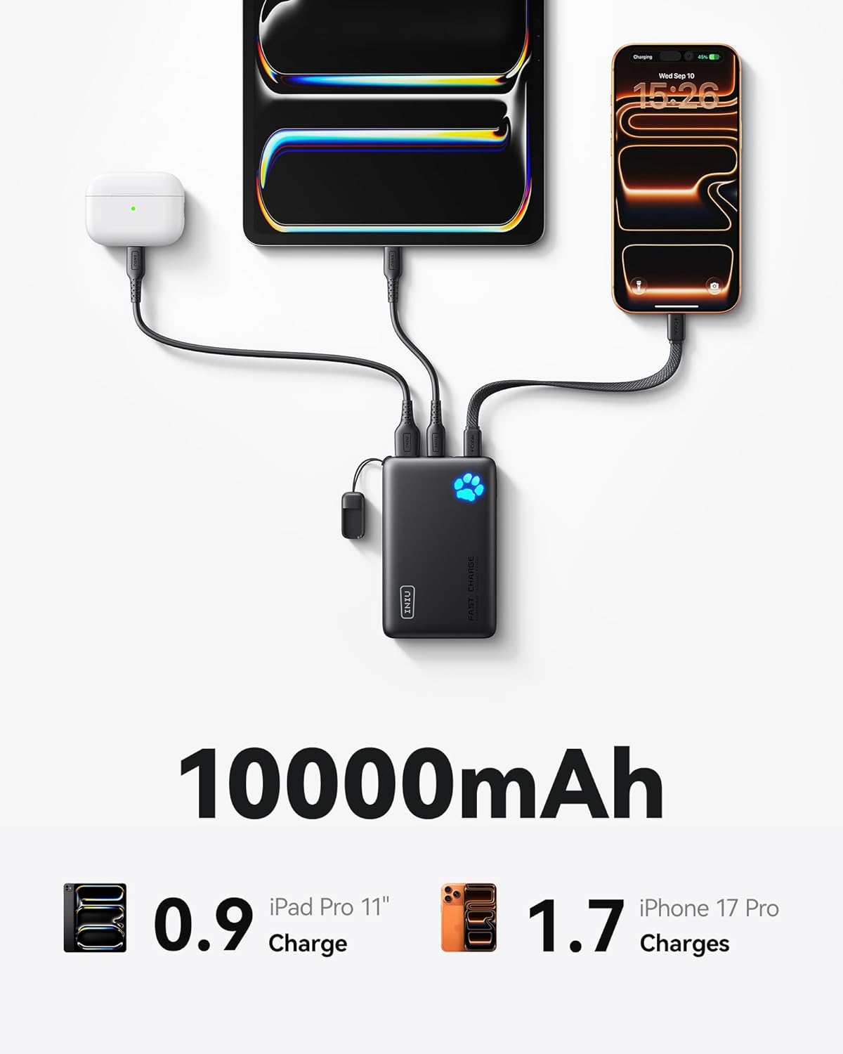 INIU 45W Fast Charging Portable Charger, 40% Smaller 10000Mah with Detachable Cable, Flight-Safe Travel Power Bank, USB C External Phone Battery Pack for Iphone 17 16 Pro Ipad Samsung S26 Google Etc