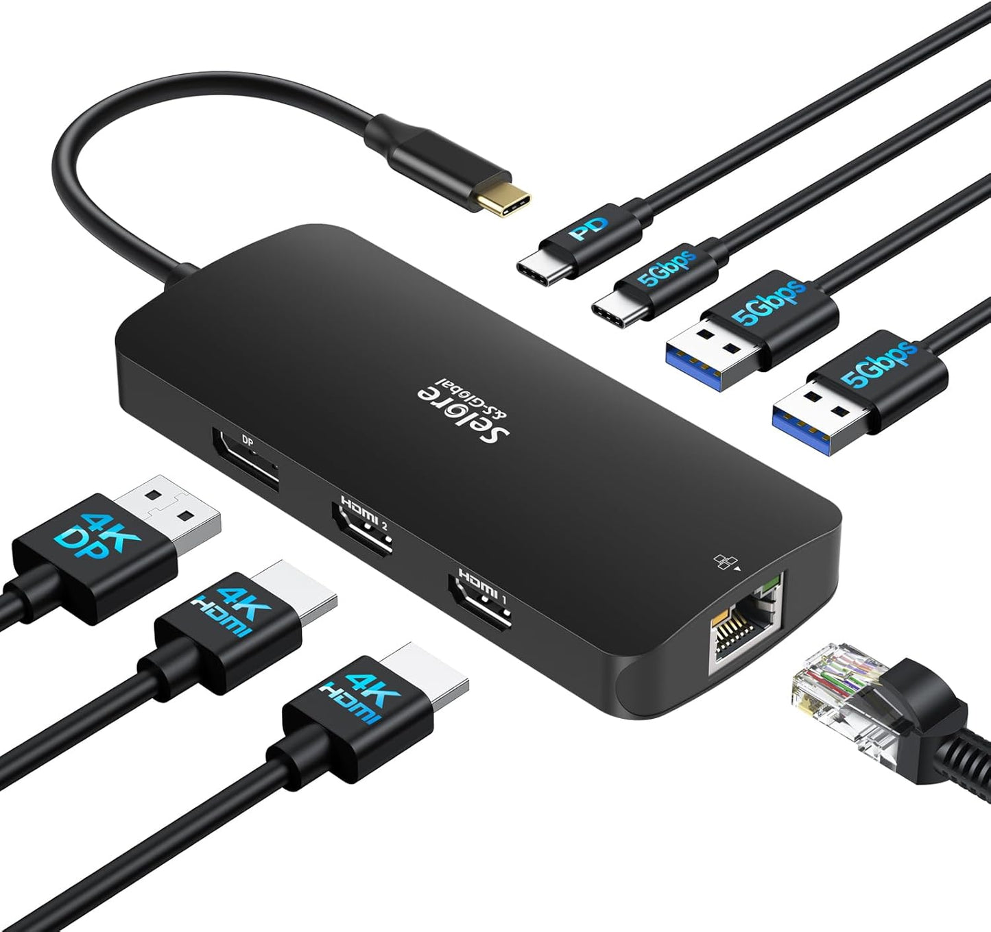 USB C Docking Station Dual Monitor, Selore Docking Station 3 Monitors Triple 4K Display with 2 HDMI, Displayport, 1Gbps Ethernet, 100W PD Charging, USB 3.0 Ports Adapter for Dell, HP, Lenovo,Etc