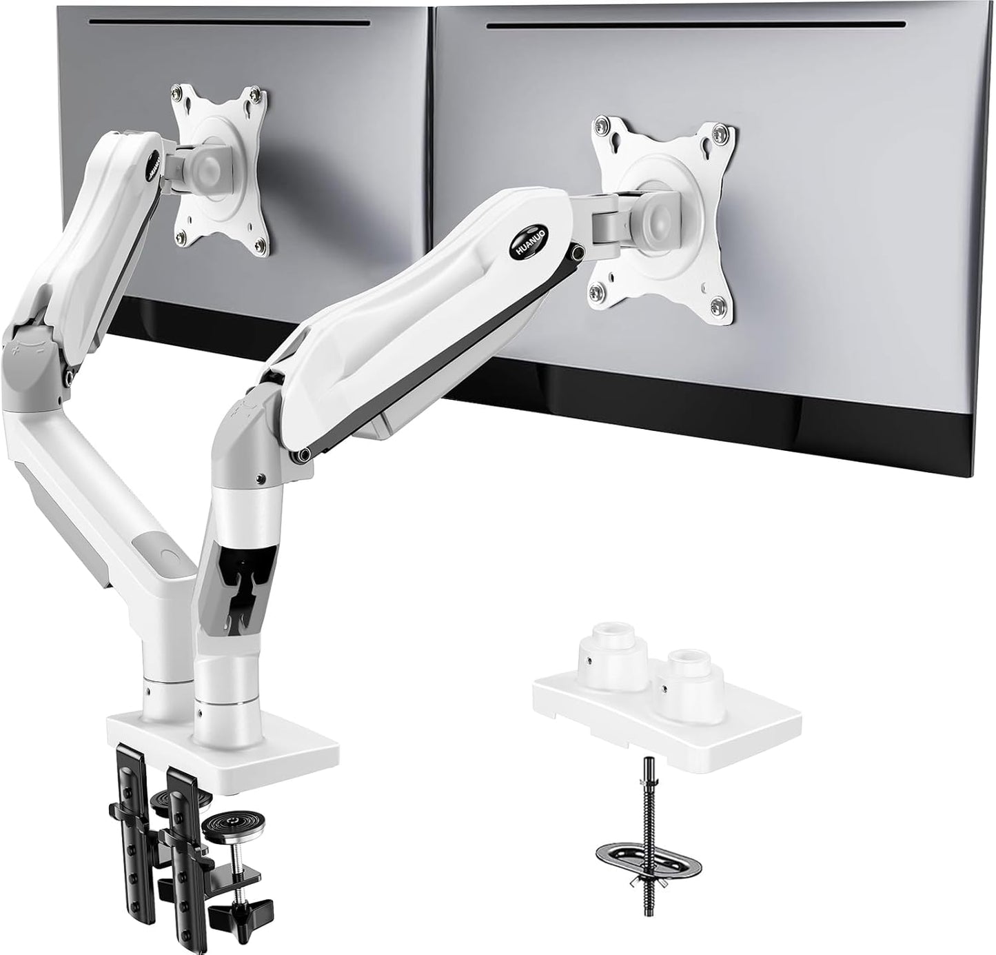 HUANUO Flowlift™ Dual Monitor Stand, Fully Adjustable Gaming Monitor Desk Mount for 13–32″ Computer Screens, Full Motion VESA 75X75/100X100 with C-Clamp & Grommet Base, Each Arm Holds 4.4 to 19.8 Lbs