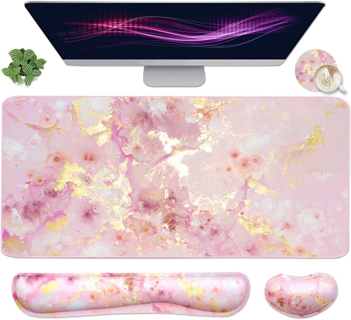 Large Mouse Pad and Keyboard Wrist Rest, Desk Pad for Keyboard and Mouse, 4-In-1 Large Gaming Mouse Pad with Wrist Support, Desk Mat for Home Office Study Game-Galaxy Fluid