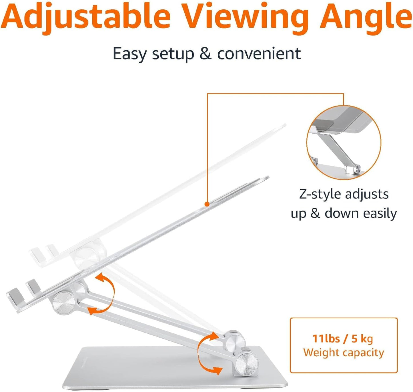 Amazon Basics Sturdy and Portable Ergonomic Laptop Stand for Desk, Height Adjustable Riser with Ventilated Cooling, Foldable, Fits All Laptops up to 15.6 Inch, Silver