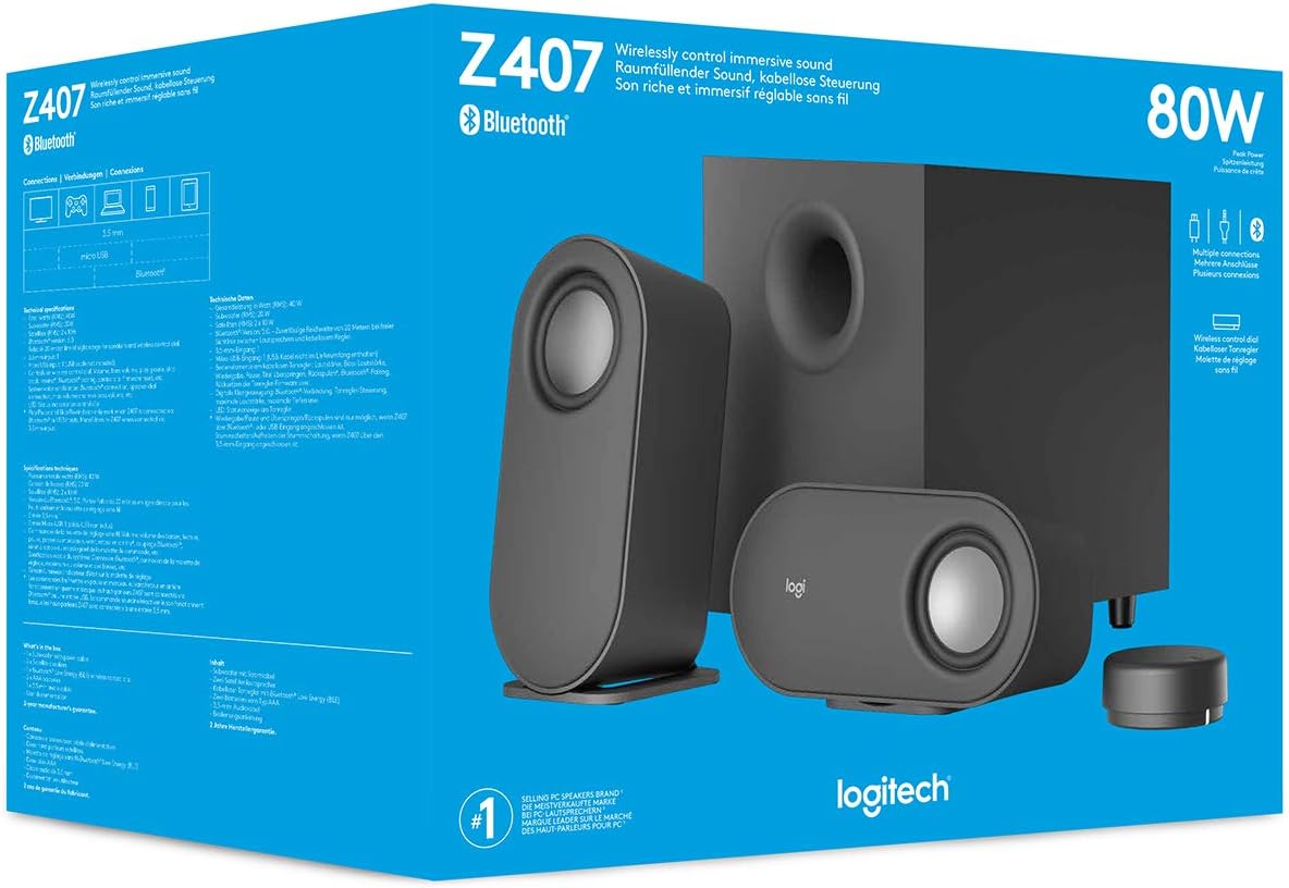 Logitech Z407 Bluetooth Computer Speakers with Subwoofer and Wireless Control, Immersive Sound, Premium Audio with Multiple Inputs, USB Speakers
