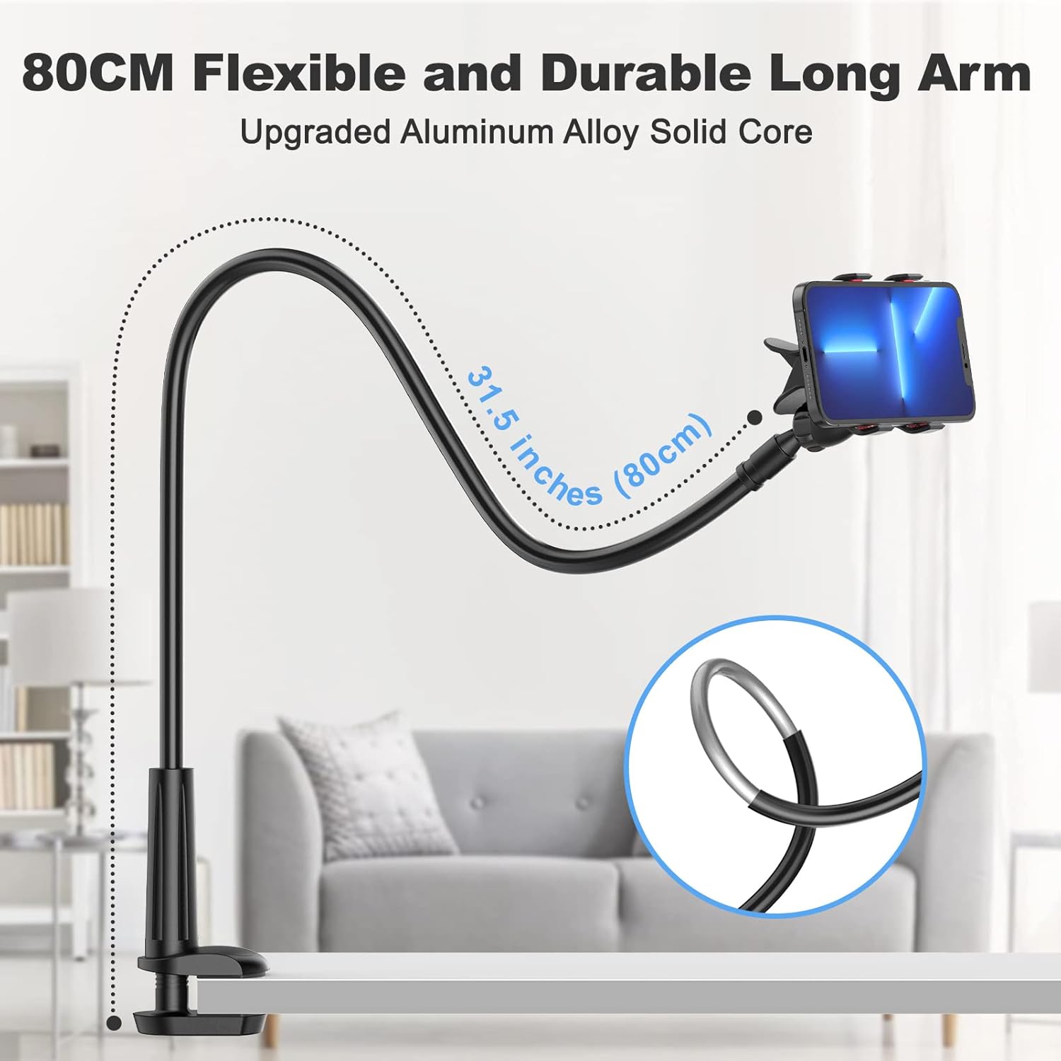 Gooseneck Cell Phone Holder, Universal 360 Flexible Phone Stand Lazy Bracket Mount Long Arms Clamp for Phone 13 Pro Xs Max XR X 8 7 6 6S plus and Other 3.5~6.7'' Device (Black)