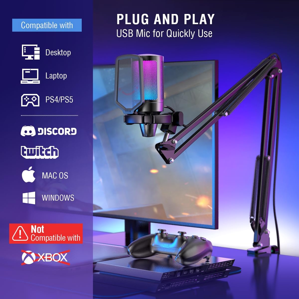 FIFINE Gaming PC USB Microphone, Podcast Condenser Mic with Boom Arm, Pop Filter, Mute Button for Streaming, Twitch, Online Chat, RGB Computer Mic for PS4/5 PC Gamer Youtuber-Ampligame A6T