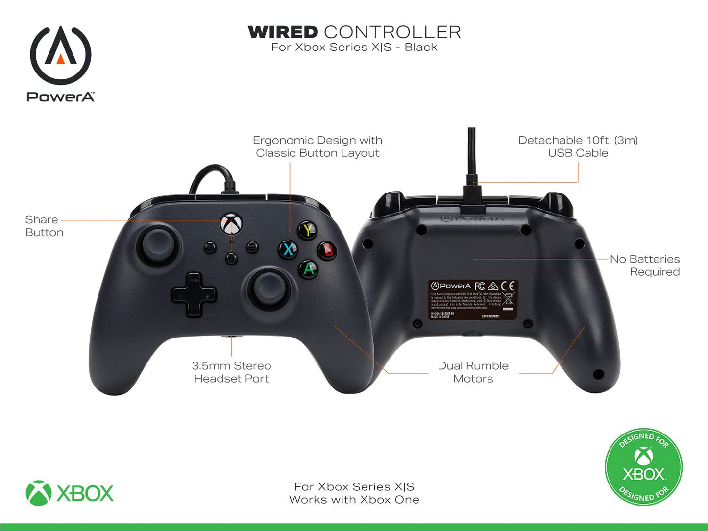 Powera Wired Controller for Xbox Series X|S - Black, Gamepad, Wired Video Game Controller, Gaming Controller, Works with Xbox One and Windows 10/11