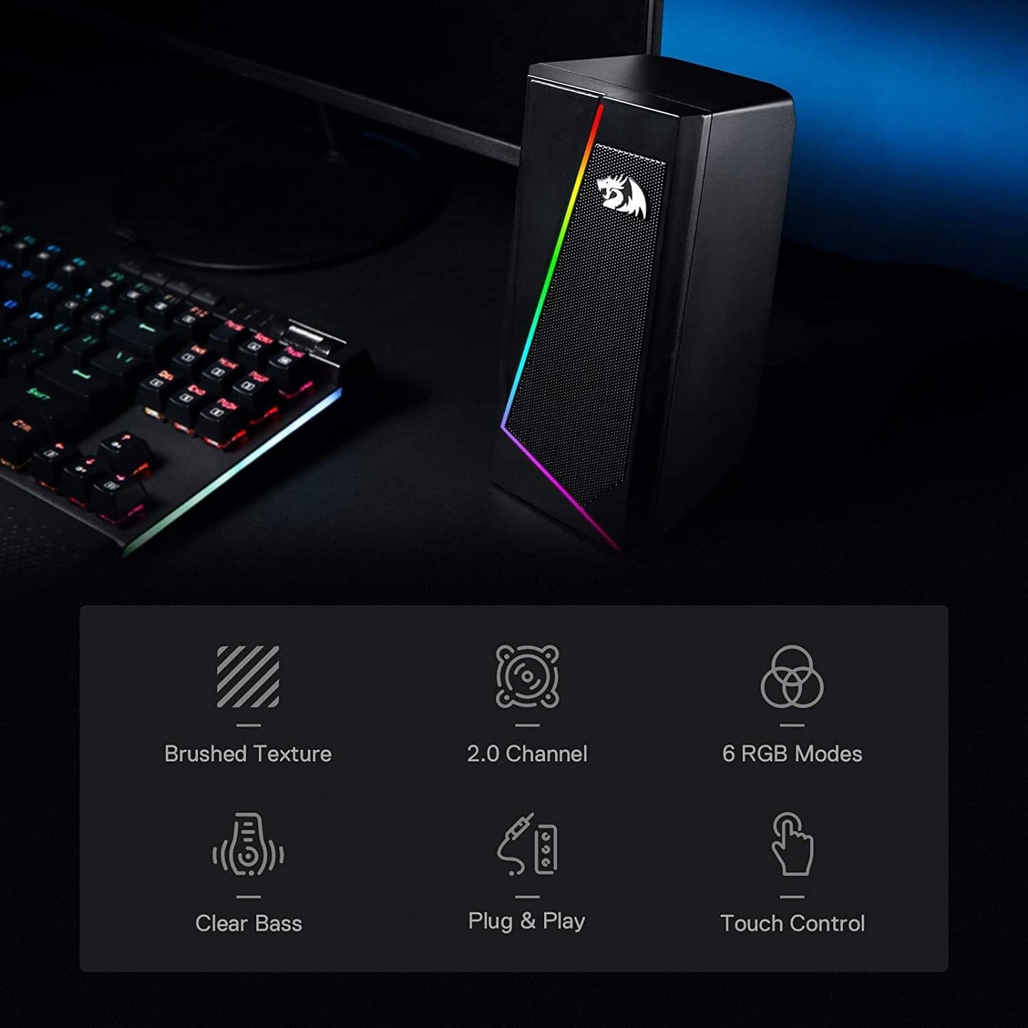 Redragon GS520 RGB Desktop Speakers, 2.0 Channel PC Computer Stereo Speaker with 6 Colorful LED Modes, Enhanced Sound and Easy-Access Volume Control, USB Powered W/ 3.5Mm Cable