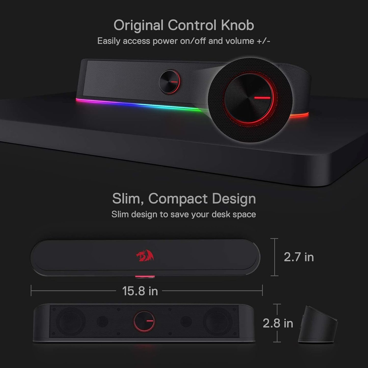 Redragon GS560 RGB Desktop Soundbar, 2.0 Channel Computer Speaker with Dynamic Lighting Bar Audio-Light Sync/Display, Touch-Control Backlit with Volume Knob, USB Powered W/ 3.5Mm Cable, Black