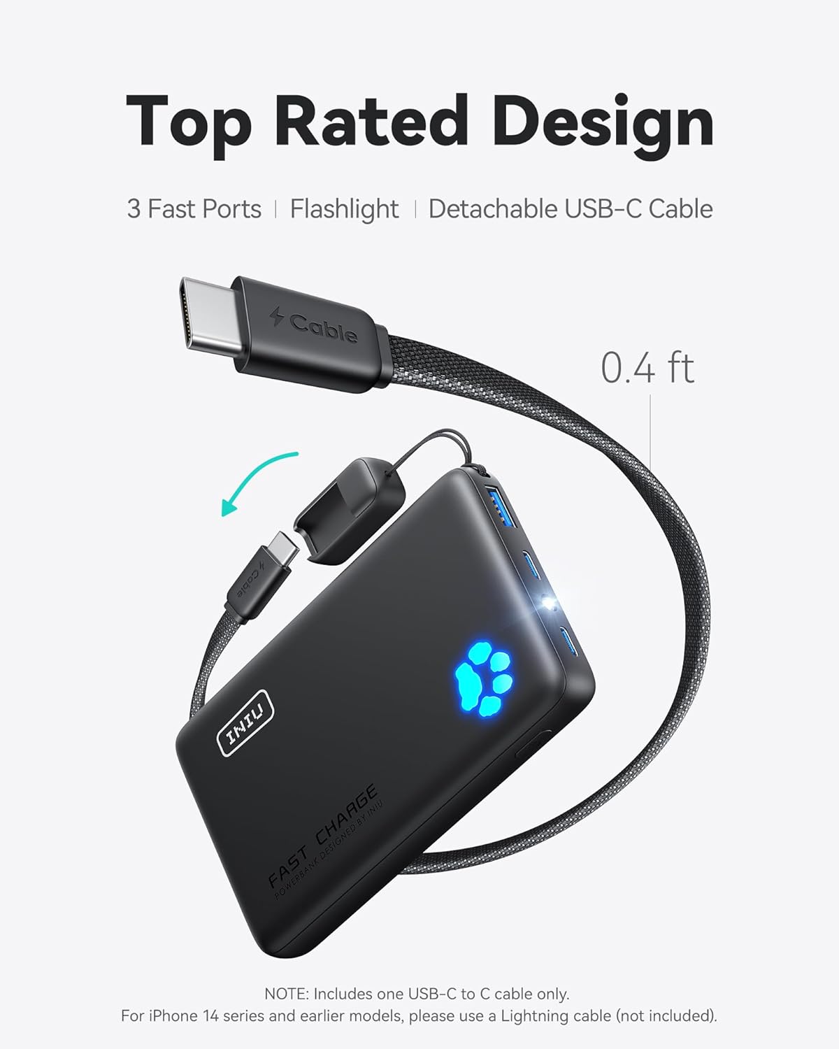 INIU 45W Fast Charging Portable Charger, 40% Smaller 10000Mah with Detachable Cable, Flight-Safe Travel Power Bank, USB C External Phone Battery Pack for Iphone 17 16 Pro Ipad Samsung S26 Google Etc