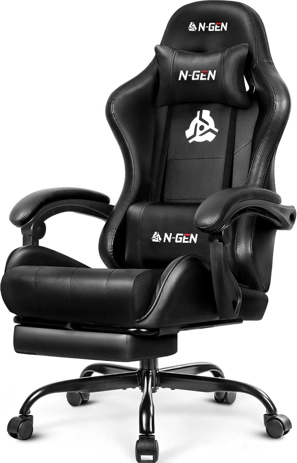 N-GEN GAMING Video Gaming Chair with Footrest Lumbar Support for Home Office High Back Recliner Height Adjustable Ergonomic Comfy Leather Computer Desk Chair (Carbon Black)