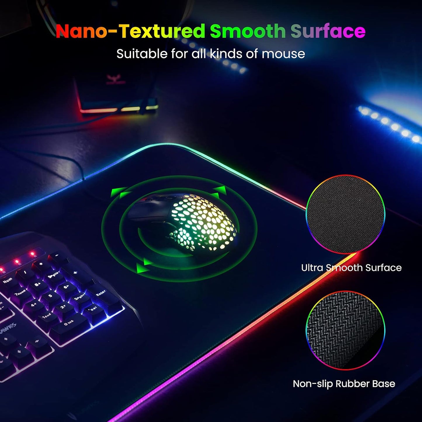 Bladehawks Extra Large RGB Gaming Mouse Pad-14 Light Modes, Extended Soft LED Mouse Pad, Anti-Slip Rubber Base, Computer Keyboard Mousepad Mat (31.5 X 12 Inch)