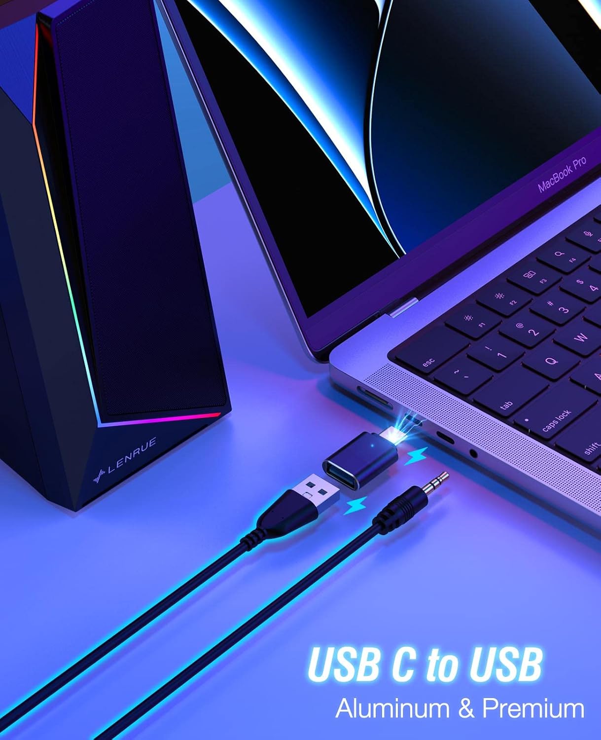 LENRUE Computer Speakers, USB/USB-C Powered PC Speakers with Loud Stereo Sound, Headphone-In for Desktop, Imac, Macbook, Laptop, Monitor (USB-C to USB Adapter Included)