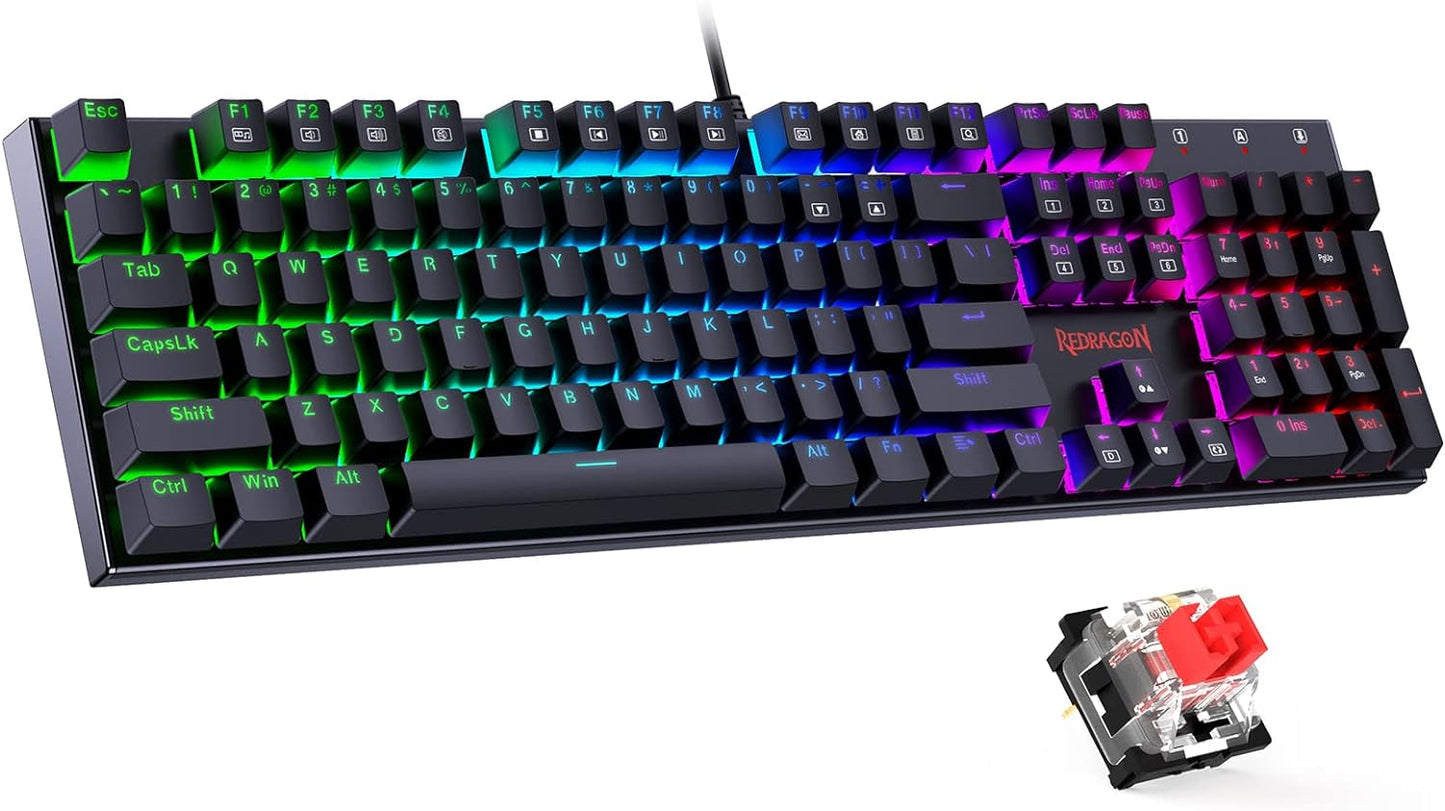Redragon Mechanical Gaming Keyboard Wired, 11 Programmable Backlit Modes, Hot-Swappable Red Switch, Anti-Ghosting, Double-Shot PBT Keycaps, Light up Keyboard for PC Mac