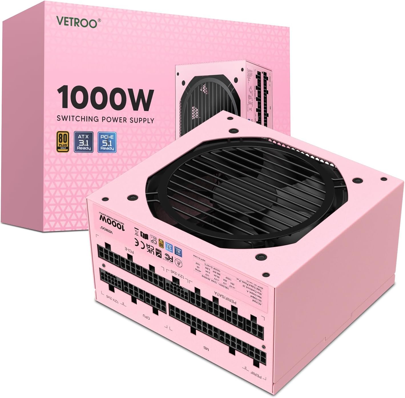 Vetroo 1000W White Power Supply ATX 3.1 Ready Dual Pcie 5.1, 80 plus Gold Full Modular, Eco Mode with 120Mm FDB Fan, Compact Size, 10 Year Warranty for Gaming PC