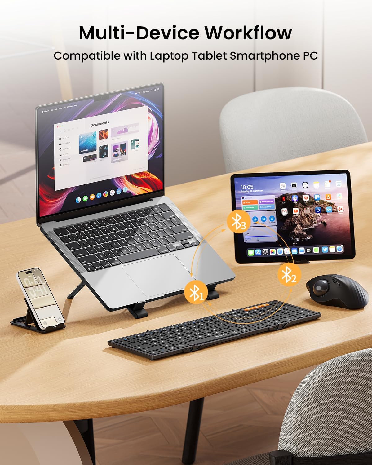 Protoarc Foldable Bluetooth Keyboard, XK01 Full-Size Portable Wireless Keyboard for Travel, 105 Keys, 0.65" Keycaps, Multi-Device Sync for Ipad Tablet Smartphone Laptop PC Windows Ios Android, Black
