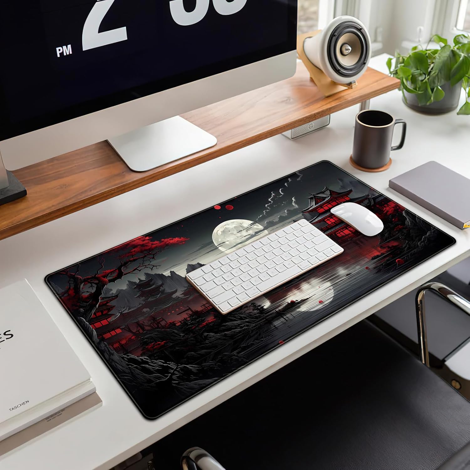 Japanese Desk Mat Riverside Full Moon Desk Pad Black Red Large Mouse Pad Gaming Mousepad Extended XXL Keyboard Pad 31.5 X 15.7 in Laptop Computer Mouse Keyboard Mat for Office Desk Decor