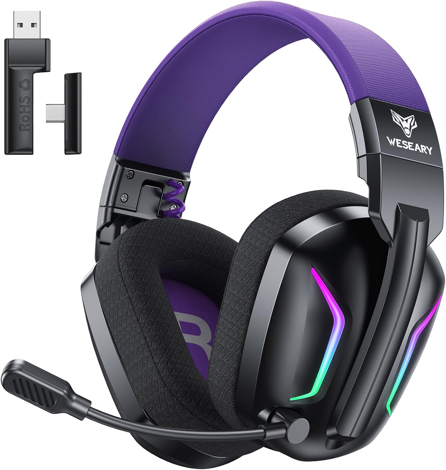 WESEARY Wireless Gaming Headset for PS5, PS4, PC, Switch & Mac, 20Ms Ultra-Low Latency, 2.4Ghz USB & Bluetooth 5.4 Gaming Headphones with Mic, 50H Battery Life, 3D Spatial Audio, Dynamic Lighting