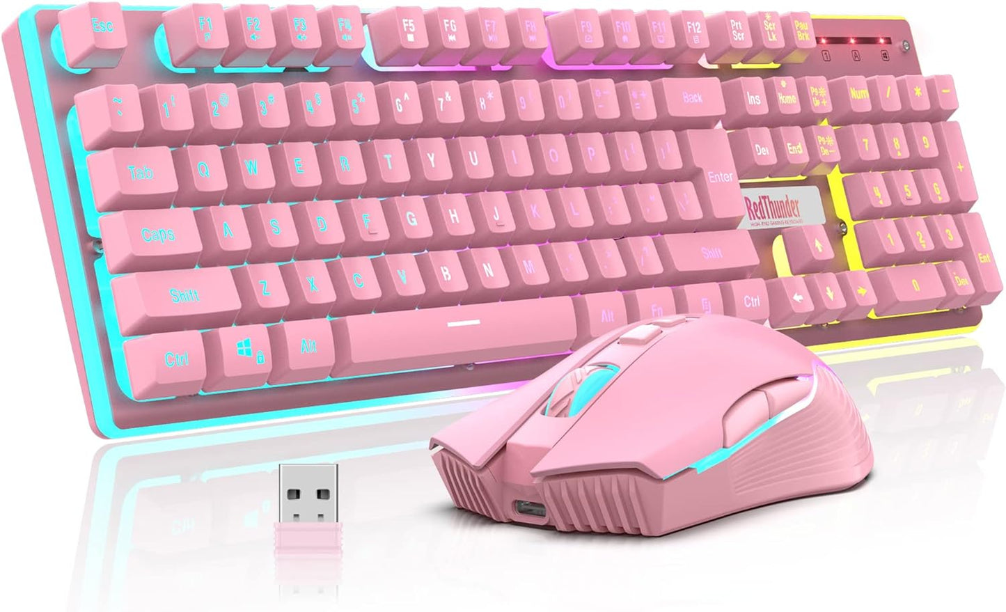 Redthunder K10 Wireless Gaming Keyboard and Mouse Combo, LED Backlit Rechargeable 3800Mah Battery, Mechanical Feel Anti-Ghosting Keyboard + 7D 3200DPI Mice for PC Gamer (Black)