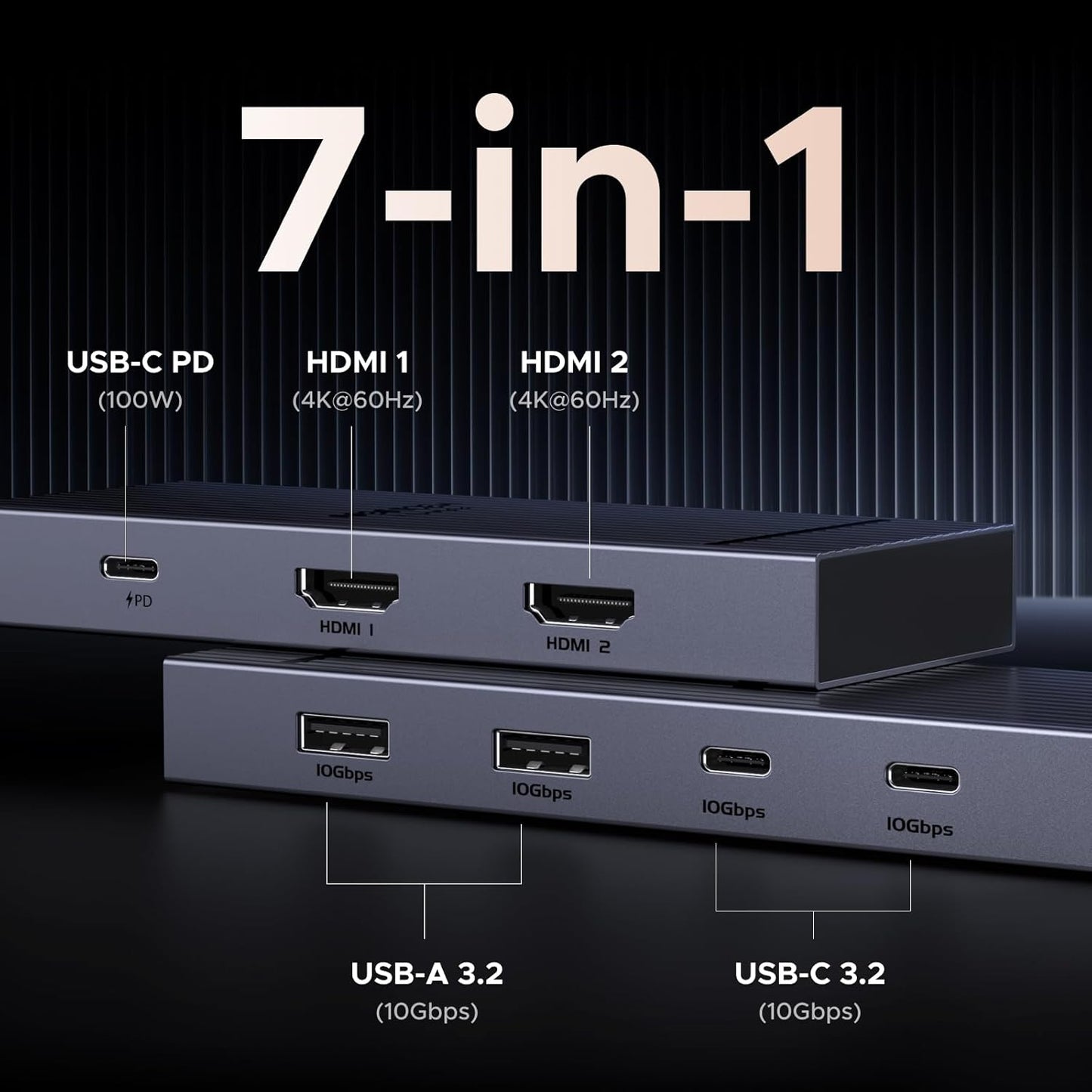 UGREEN 7-In-1 Docking Station Dual Monitor, USB C Hub Dual 4K@60Hz HDMI Display, 10Gbps USB-A/C Data Ports, 100W PD, Aluminum Revodok Pro Laptop Docking Station for HP, Thinkpad, Dell and More Laptop