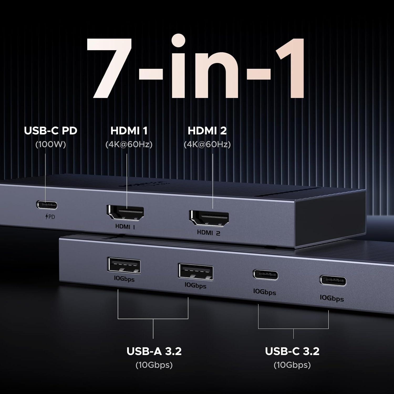 UGREEN 7-In-1 Docking Station Dual Monitor, USB C Hub Dual 4K@60Hz HDMI Display, 10Gbps USB-A/C Data Ports, 100W PD, Aluminum Revodok Pro Laptop Docking Station for HP, Thinkpad, Dell and More Laptop