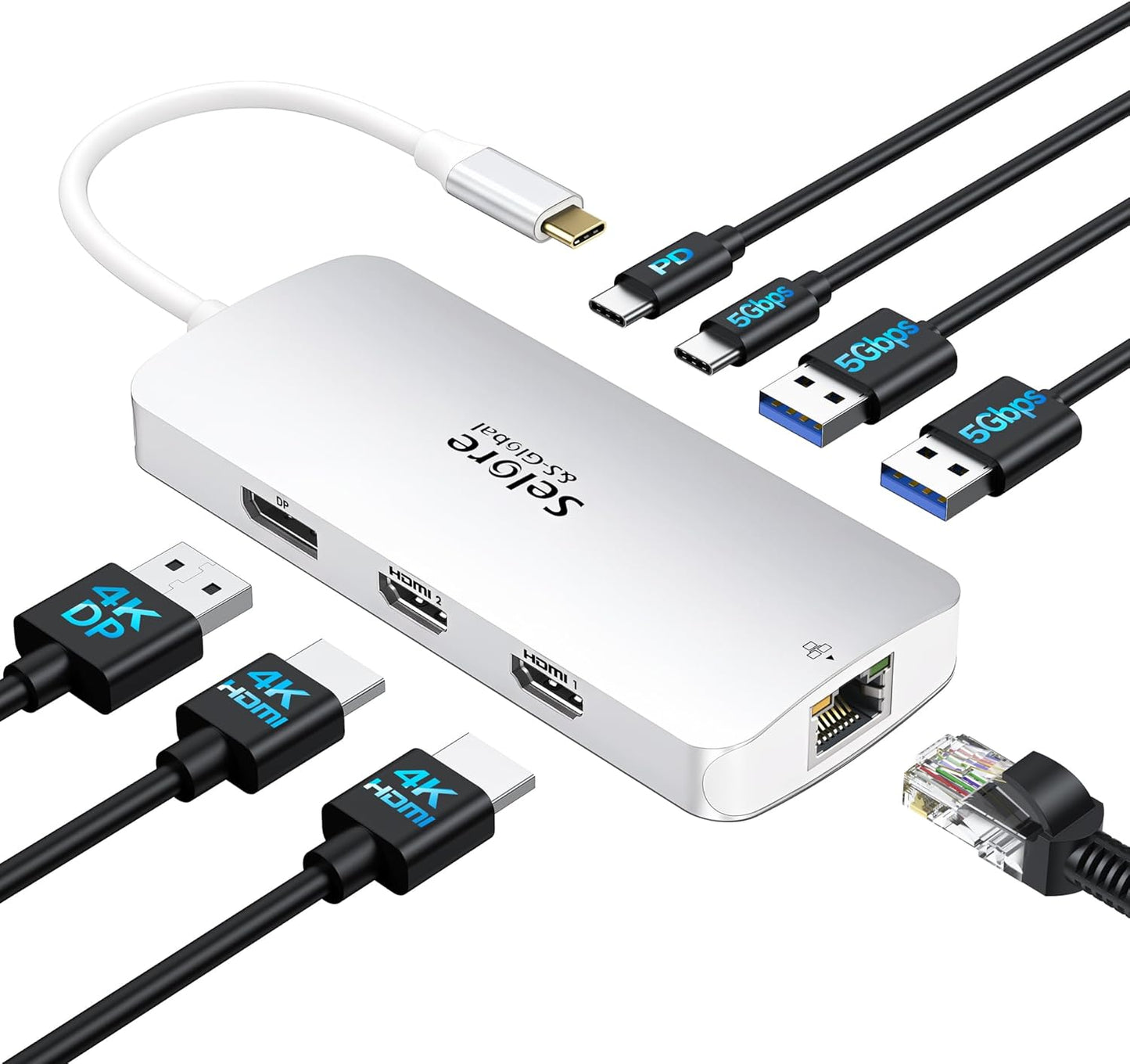 USB C Docking Station Dual Monitor, Selore Docking Station 3 Monitors Triple 4K Display with 2 HDMI, Displayport, 1Gbps Ethernet, 100W PD Charging, USB 3.0 Ports Adapter for Dell, HP, Lenovo,Etc