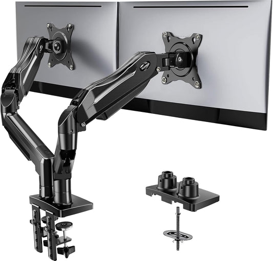 HUANUO Flowlift™ Dual Monitor Stand, Fully Adjustable Gaming Monitor Desk Mount for 13–32″ Computer Screens, Full Motion VESA 75X75/100X100 with C-Clamp & Grommet Base, Each Arm Holds 4.4 to 19.8 Lbs