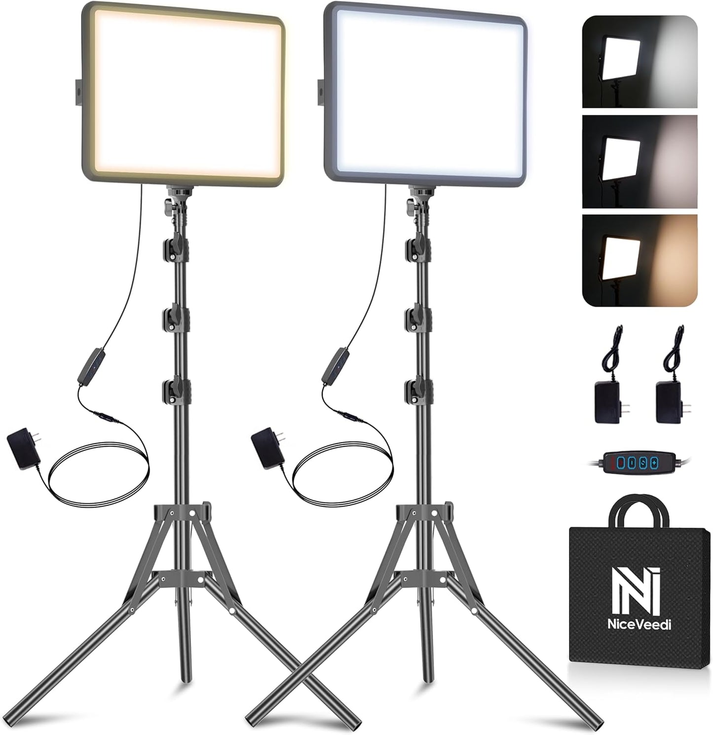 2-Pack LED Video Light Kit, Niceveedi Studio Light, 2800-6500K Dimmable Photography Lighting Kit with Tripod Stand&Phone Holder, 73" Stream Light for Video Recording, Game Streaming, Youtube