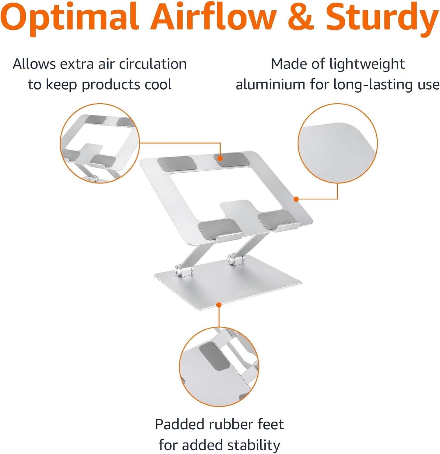 Amazon Basics Sturdy and Portable Ergonomic Laptop Stand for Desk, Height Adjustable Riser with Ventilated Cooling, Foldable, Fits All Laptops up to 15.6 Inch, Silver