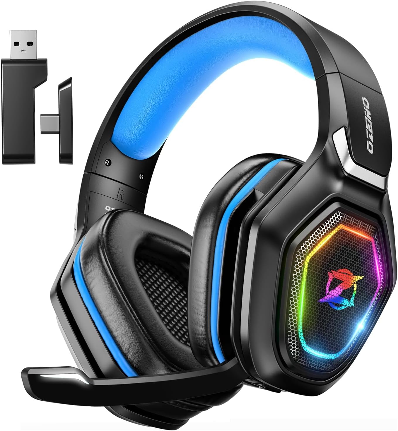 Ozeino 2.4Ghz Wireless Gaming Headset for PC, Ps5, Ps4 - Lossless Audio USB & Type-C Ultra Stable Gaming Headphones with Flip Microphone, 40-Hr Battery Gamer Headset for Switch, Laptop, Mobile, Mac