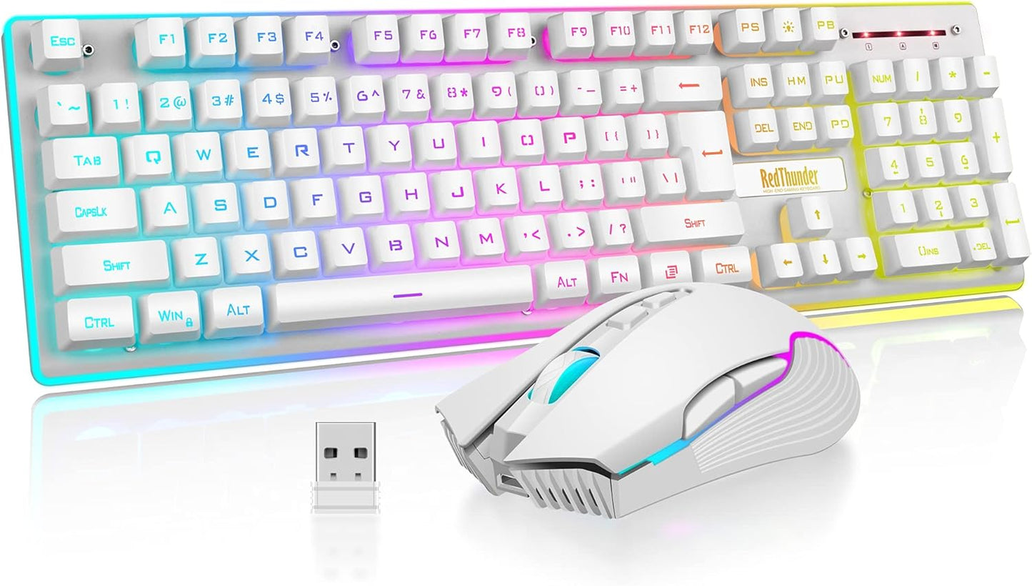 Redthunder K10 Wireless Gaming Keyboard and Mouse Combo, LED Backlit Rechargeable 3800Mah Battery, Mechanical Feel Anti-Ghosting Keyboard + 7D 3200DPI Mice for PC Gamer (Black)